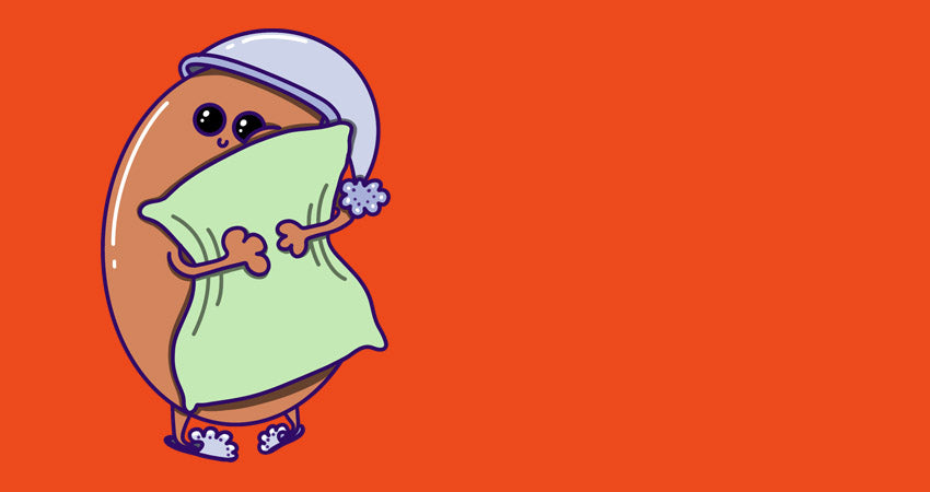Drawn cute bean with pillow, orange background